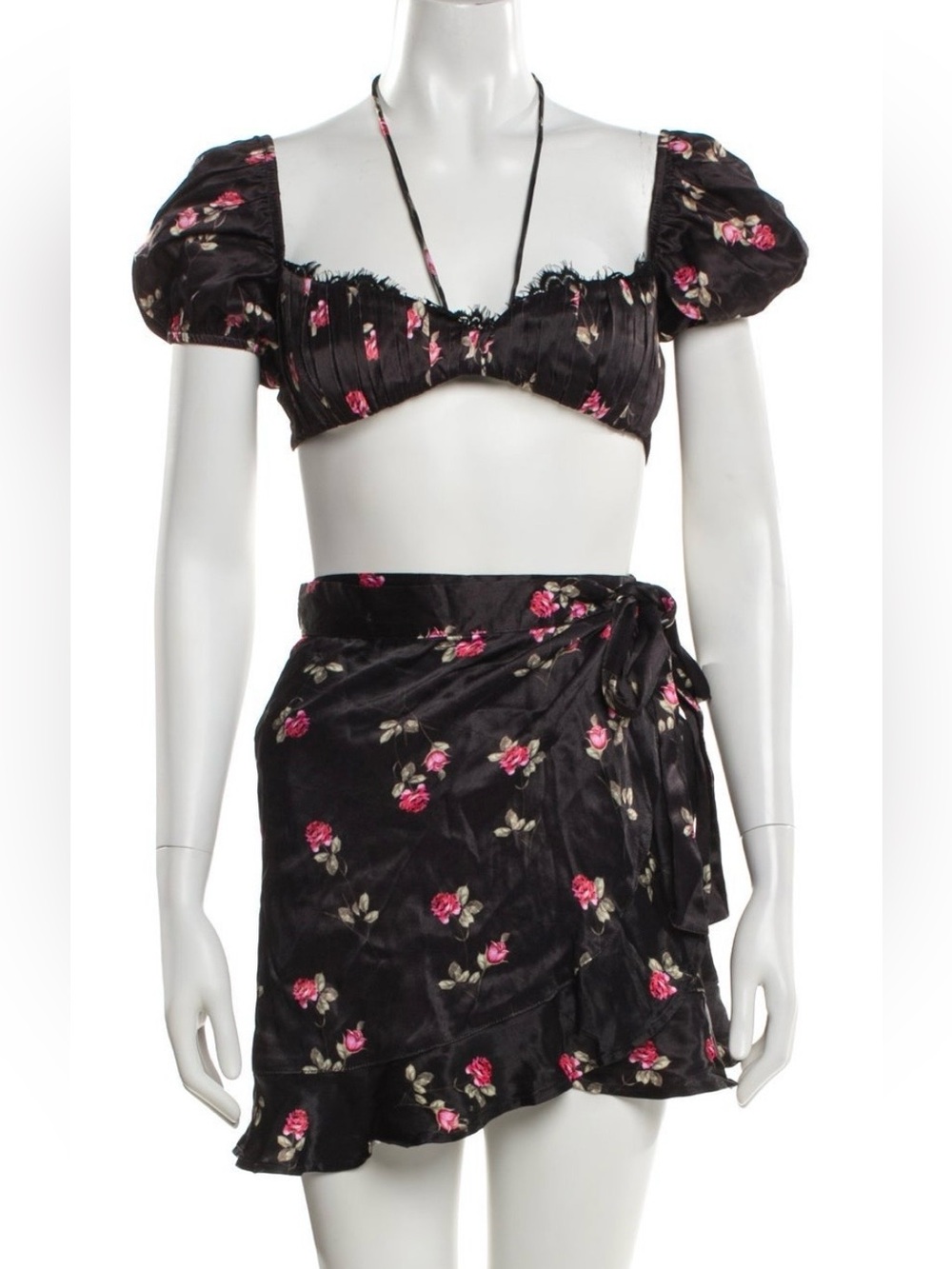 Rat & Boa Black Floral Two-Piece Set | Top + Wrap Mini Skirt | Size M